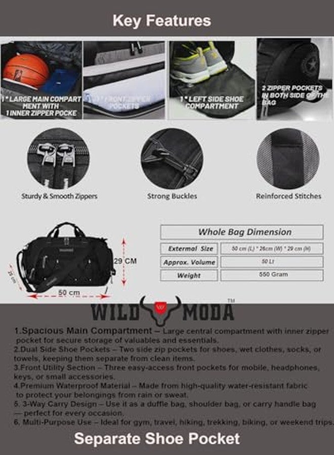 WILD MODA 50L Gym Duffel Bag | Large Travel Sports Bag for Men & Women (Black) - Image 5